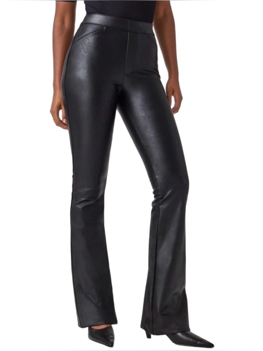 SPANX Faux Leather Flare Pants Tall Medium Black Pull On Shaping Vegan Leather